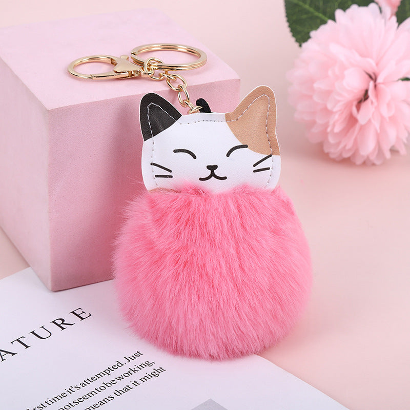 cute cat pu leather alloy plush printing bag pendant keychain.jpg